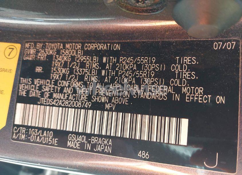 Photo 9 of 2008 Toyota Highlander LIMITED (VIN JTEDS42A282008749)