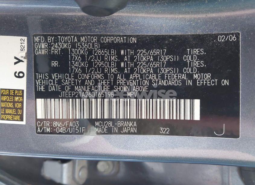 Photo 9 of 2006 Toyota Highlander LIMITED V6 (VIN JTEEP21A260165198)