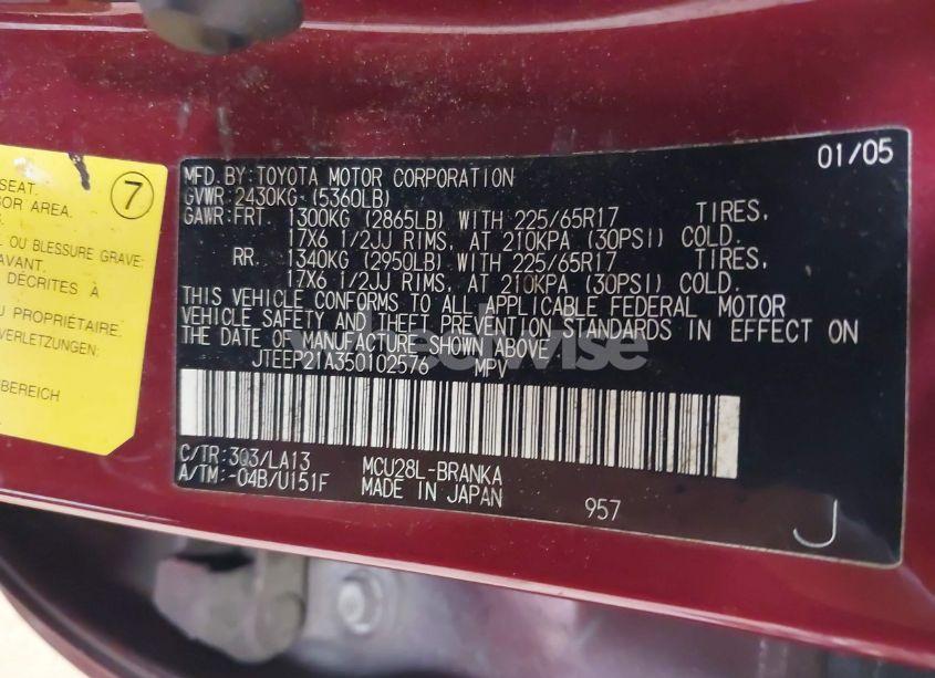 Photo 9 of 2005 Toyota Highlander LIMITED V6 (VIN JTEEP21A350102576)