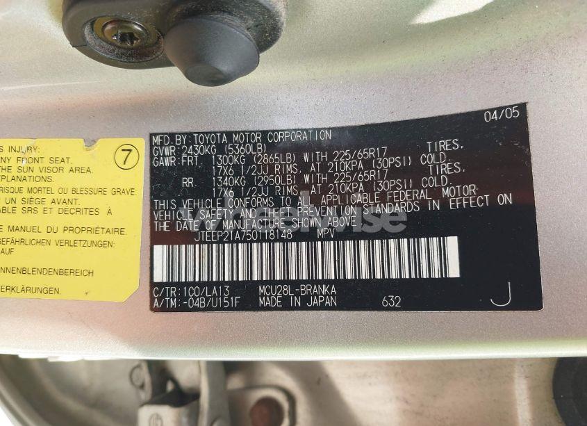 Photo 9 of 2005 Toyota Highlander LIMITED V6 (VIN JTEEP21A750118148)