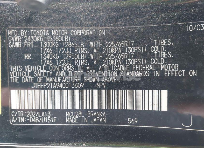 Photo 9 of 2004 Toyota Highlander LIMITED V6 (VIN JTEEP21A940013609)