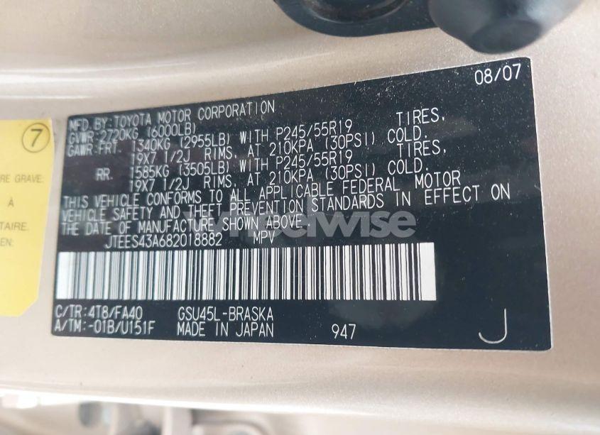 Photo 9 of 2008 Toyota Highlander SPORT (VIN JTEES43A682018882)