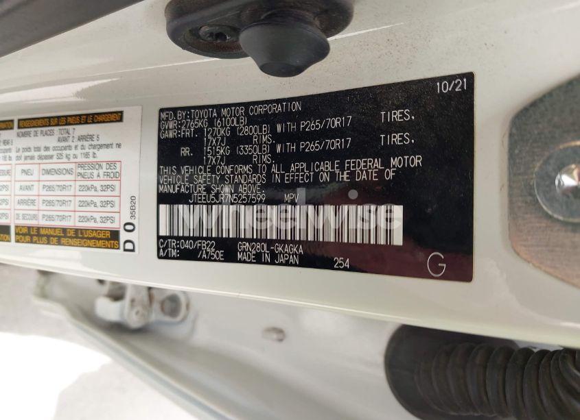 Photo 9 of 2022 Toyota 4runner SR5 (VIN JTEEU5JR7N5257599)