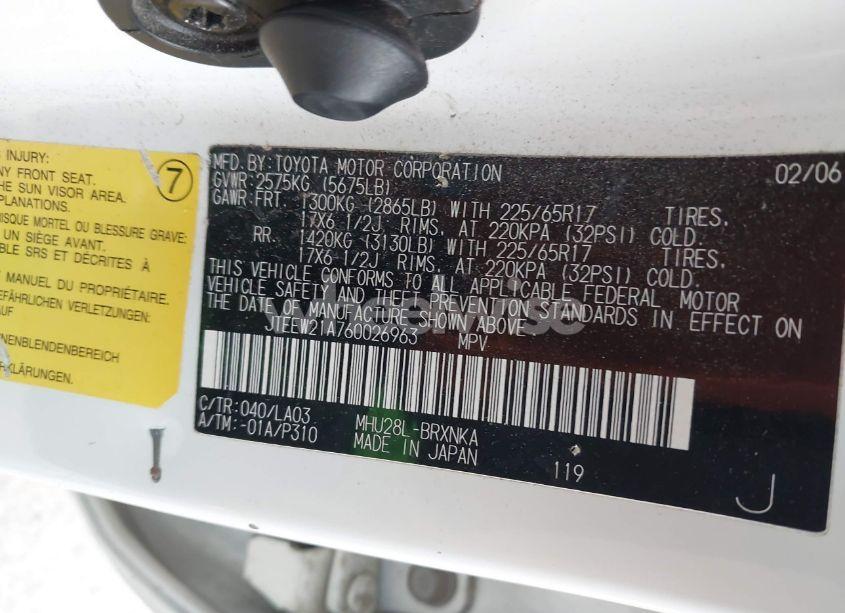 Photo 9 of 2006 Toyota Highlander HYBRID LIMITED V6 (VIN JTEEW21A760026963)