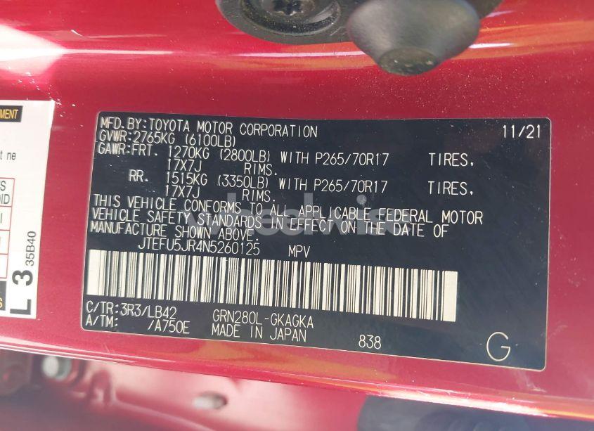 Photo 9 of 2022 Toyota 4runner SR5 PREMIUM (VIN JTEFU5JR4N5260125)