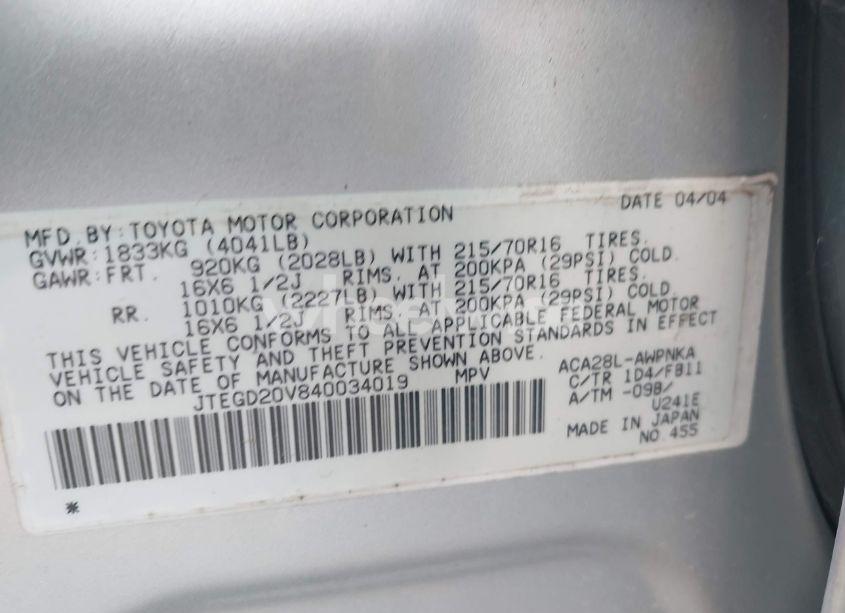 Photo 9 of 2004 Toyota Rav4 (VIN JTEGD20V840034019)