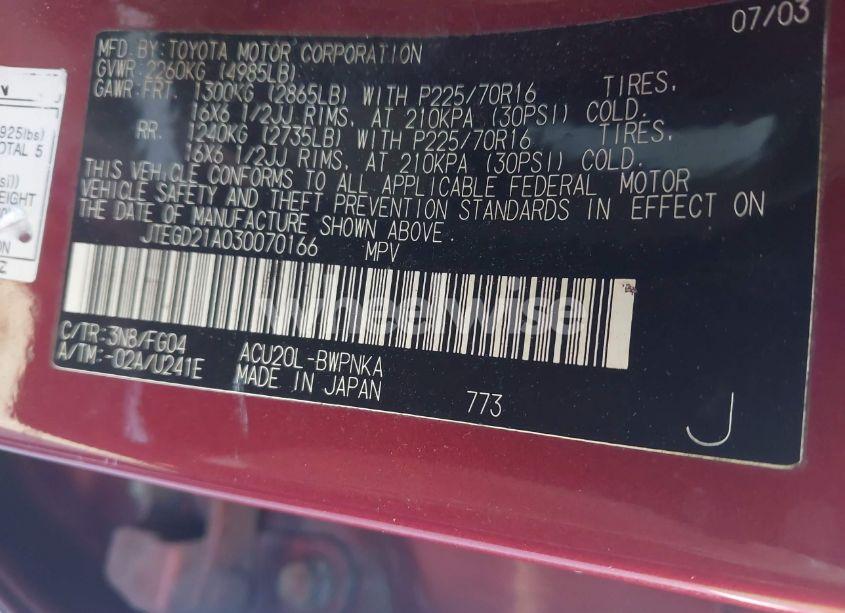 Photo 9 of 2003 Toyota Highlander (VIN JTEGD21A030070166)