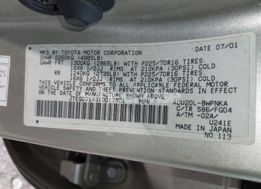 Photo 9 of 2001 Toyota Highlander (VIN JTEGD21A310017801)