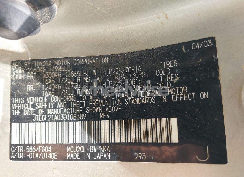 Photo 9 of 2003 Toyota Highlander V6 (VIN JTEGF21A030108389)