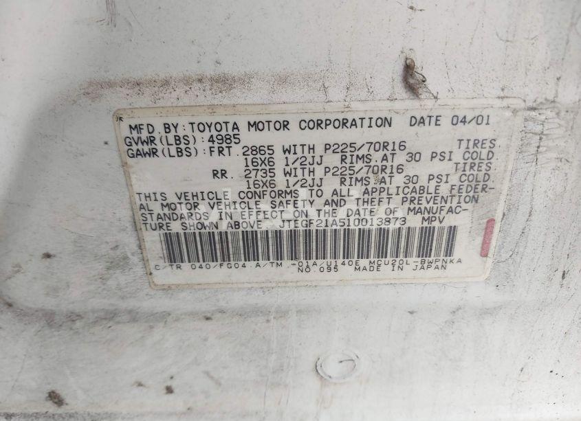 Photo 9 of 2001 Toyota Highlander V6 (VIN JTEGF21A510013873)