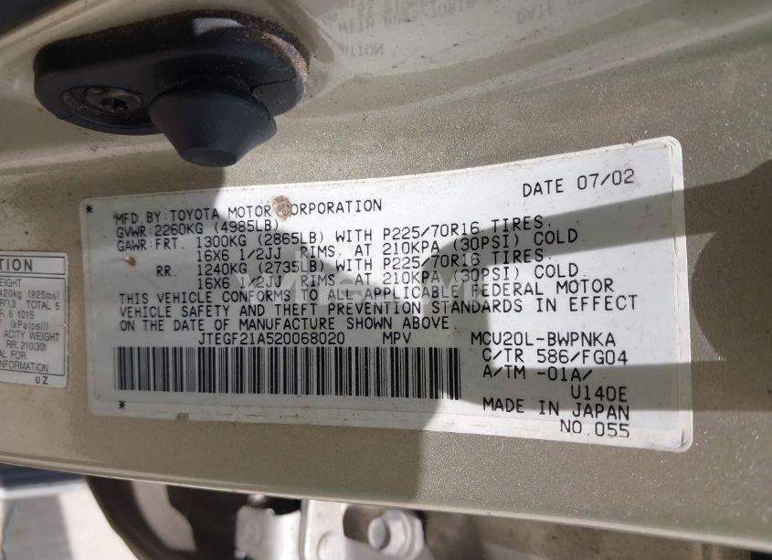 Photo 9 of 2002 Toyota Highlander V6 (VIN JTEGF21A520068020)