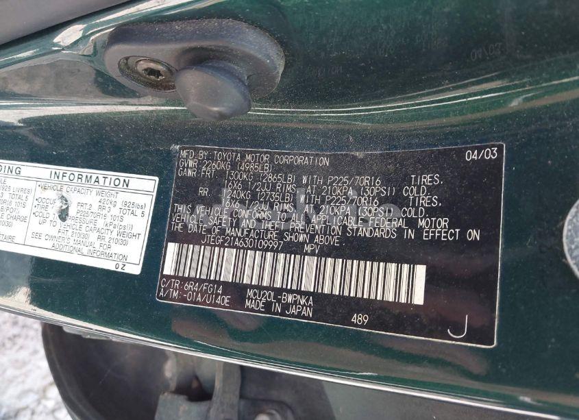 Photo 9 of 2003 Toyota Highlander V6 (VIN JTEGF21A630109997)