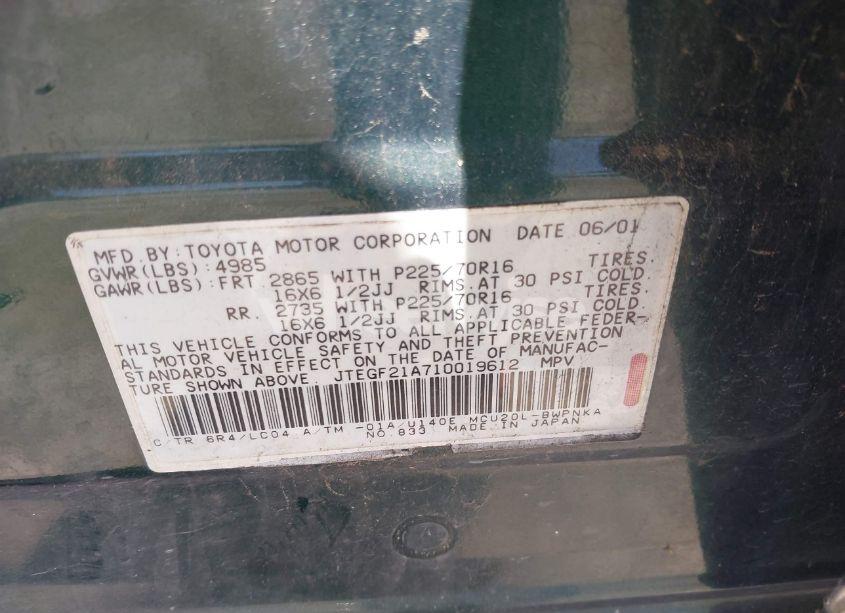 Photo 9 of 2001 Toyota Highlander V6 (VIN JTEGF21A710019612)