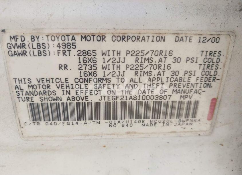 Photo 9 of 2001 Toyota Highlander V6 (VIN JTEGF21A810003807)
