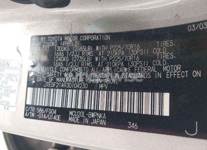 Photo 9 of 2003 Toyota Highlander V6 (VIN JTEGF21A930104230)