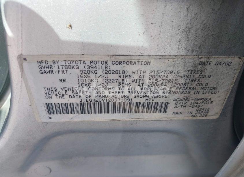 Photo 9 of 2002 Toyota Rav4 (VIN JTEGH20V120071091)