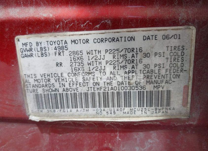 Photo 9 of 2001 Toyota Highlander V6 (VIN JTEHF21A010030536)