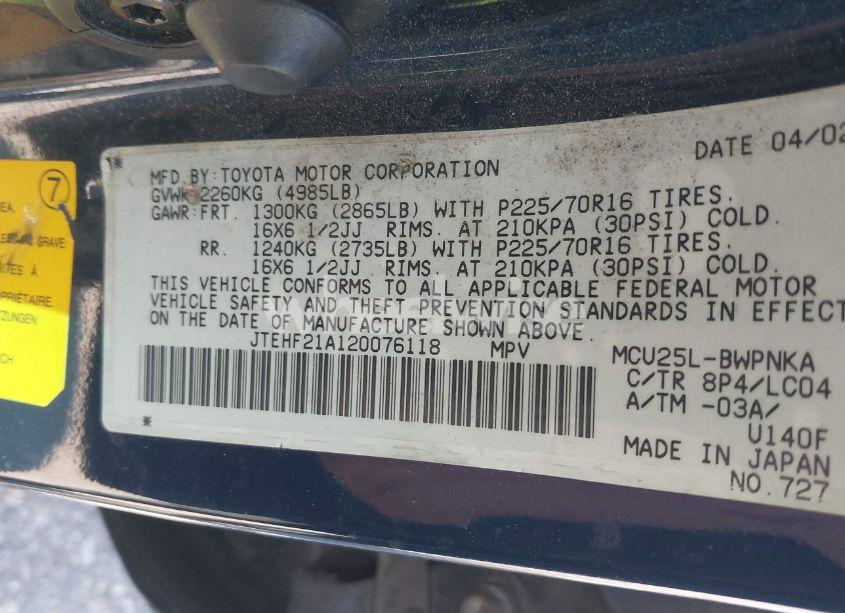 Photo 9 of 2002 Toyota Highlander LIMITED V6 (VIN JTEHF21A120076118)