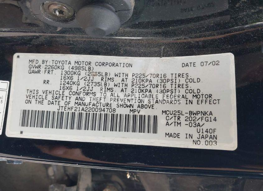 Photo 9 of 2002 Toyota Highlander V6 (VIN JTEHF21A220094708)