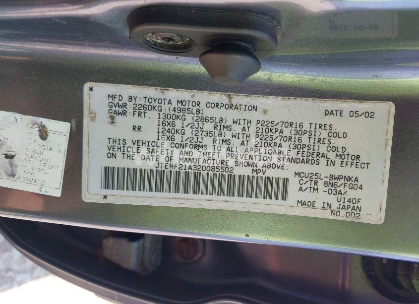 Photo 9 of 2002 Toyota Highlander V6 (VIN JTEHF21A320085502)