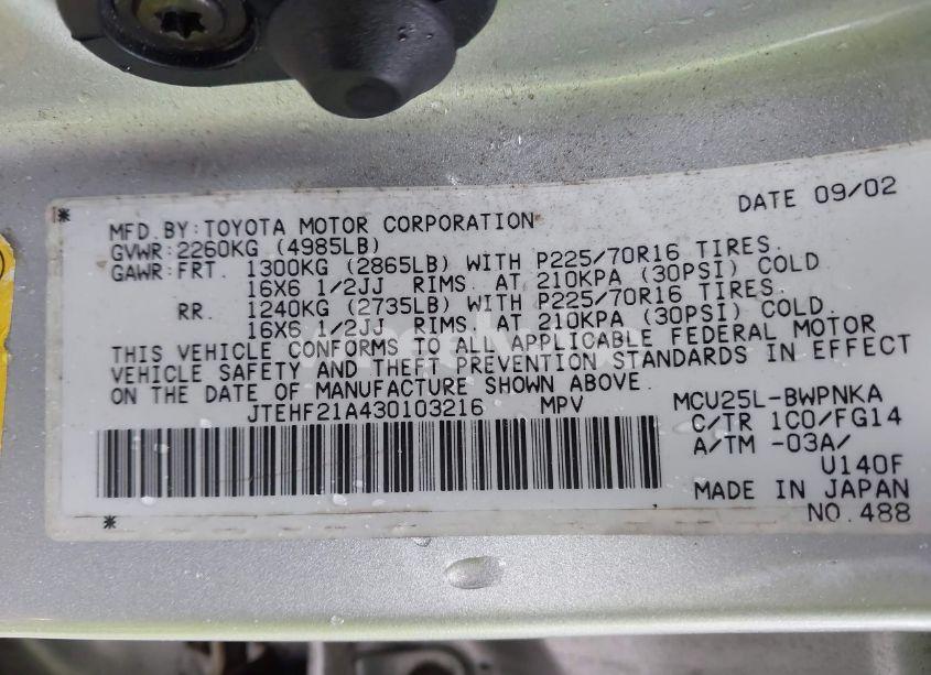 Photo 9 of 2003 Toyota Highlander V6 (VIN JTEHF21A430103216)