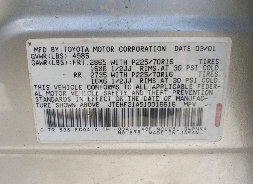 Photo 9 of 2001 Toyota Highlander V6 (VIN JTEHF21A510016616)