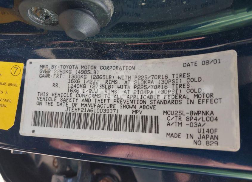 Photo 9 of 2001 Toyota Highlander V6 (VIN JTEHF21A610039371)