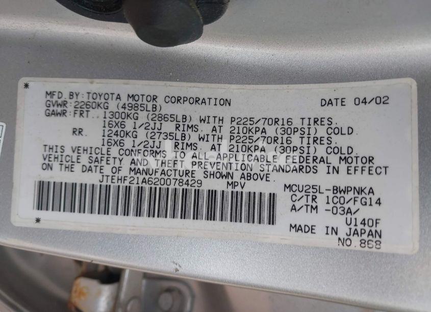 Photo 9 of 2002 Toyota Highlander V6 (VIN JTEHF21A620078429)