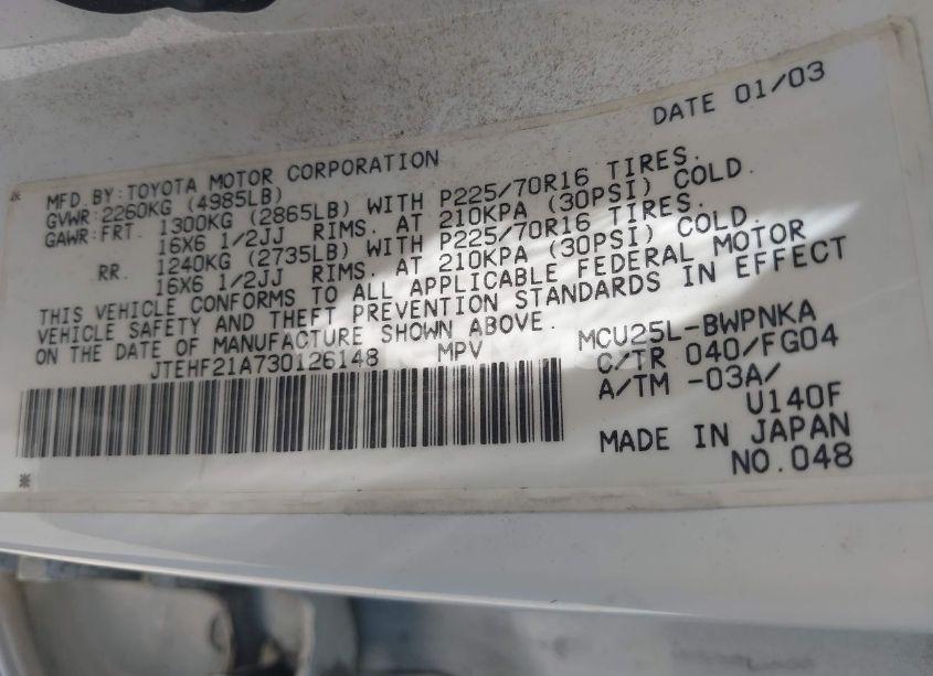 Photo 9 of 2003 Toyota Highlander LIMITED V6/V6 (VIN JTEHF21A730126148)