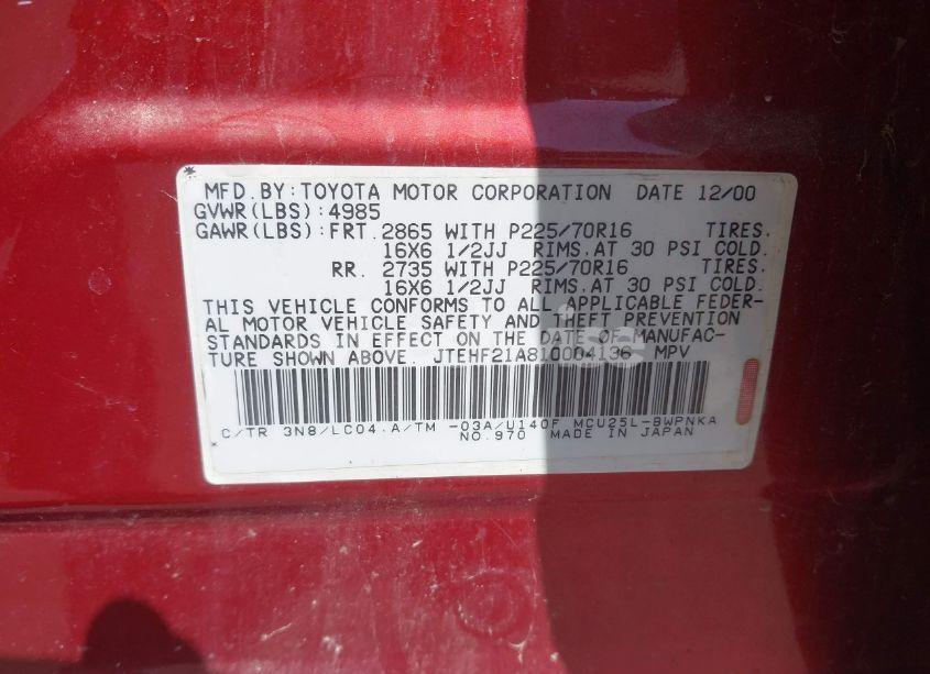 Photo 9 of 2001 Toyota Highlander V6 (VIN JTEHF21A810004136)