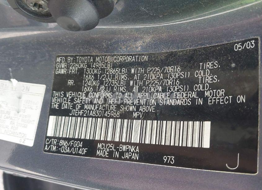 Photo 9 of 2003 Toyota Highlander V6 (VIN JTEHF21A830145968)