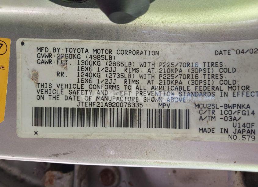 Photo 9 of 2002 Toyota Highlander V6 (VIN JTEHF21A920076335)