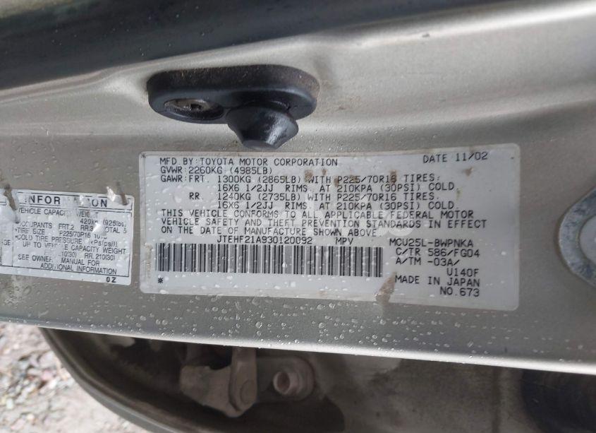 Photo 9 of 2003 Toyota Highlander V6 (VIN JTEHF21A930120092)