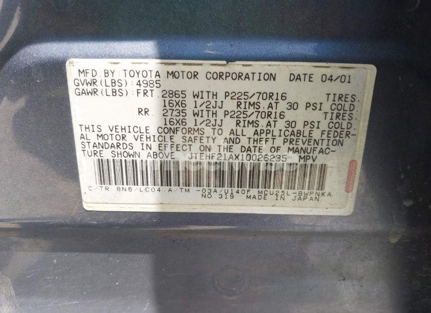 Photo 9 of 2001 Toyota Highlander V6 (VIN JTEHF21AX10026235)