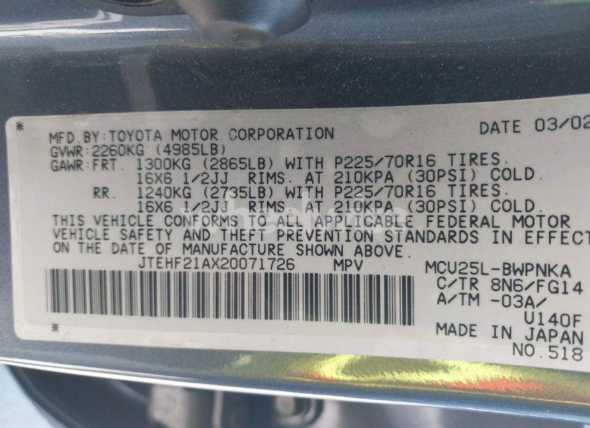 Photo 9 of 2002 Toyota Highlander V6 (VIN JTEHF21AX20071726)