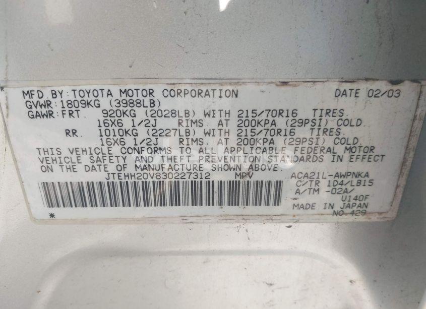 Photo 9 of 2003 Toyota Rav4 (VIN JTEHH20V830227312)