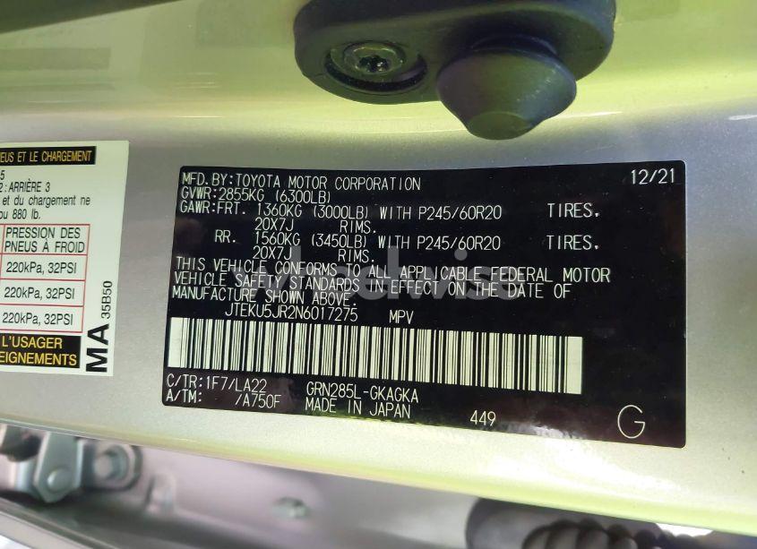 Photo 9 of 2022 Toyota 4runner LIMITED (VIN JTEKU5JR2N6017275)