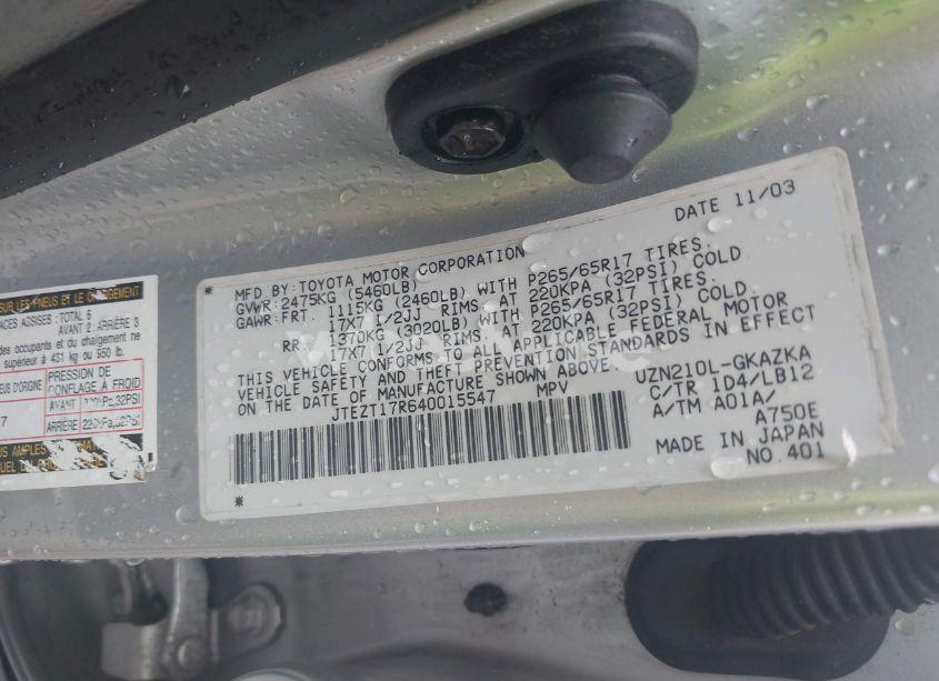 Photo 9 of 2004 Toyota 4runner LIMITED V8 (VIN JTEZT17R640015547)