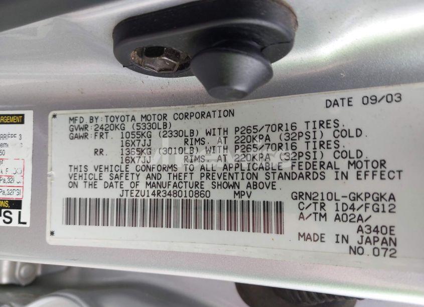 Photo 9 of 2004 Toyota 4runner SR5 V6 (VIN JTEZU14R348010860)