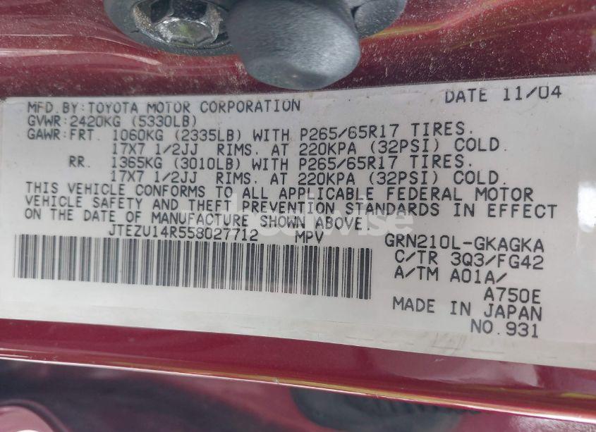 Photo 9 of 2005 Toyota 4runner SR5 SPORT V6/SR5 V6 (VIN JTEZU14R558027712)