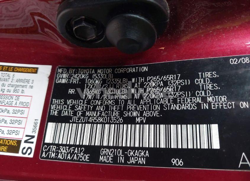 Photo 9 of 2008 Toyota 4runner SR5 V6 (VIN JTEZU14R58K013526)