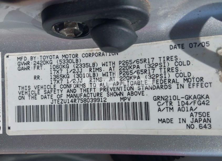 Photo 9 of 2005 Toyota 4runner SR5 V6 (VIN JTEZU14R758039912)