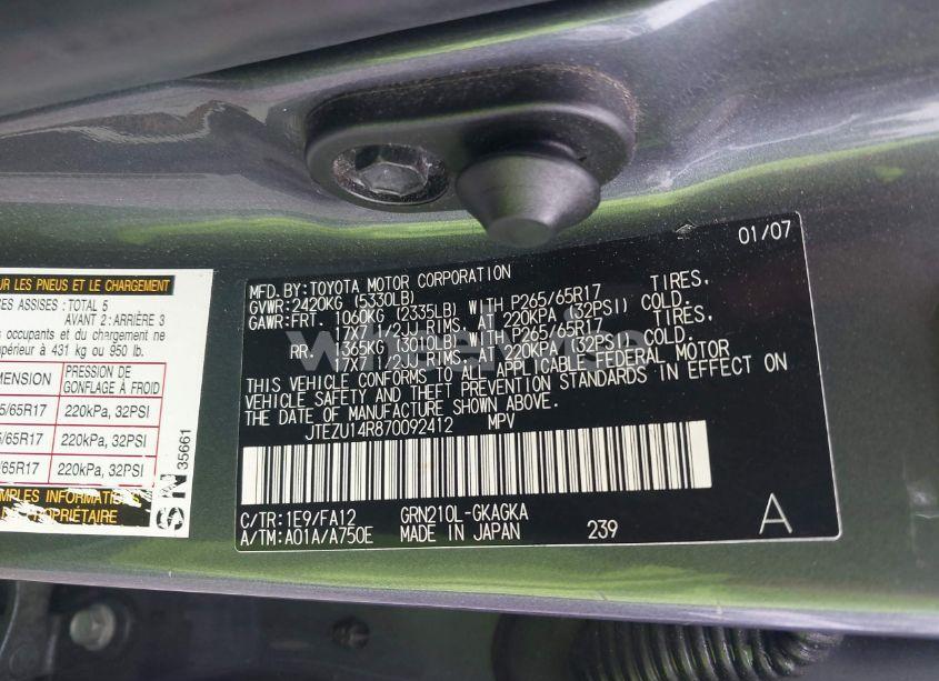 Photo 9 of 2007 Toyota 4runner SR5 V6 (VIN JTEZU14R870092412)