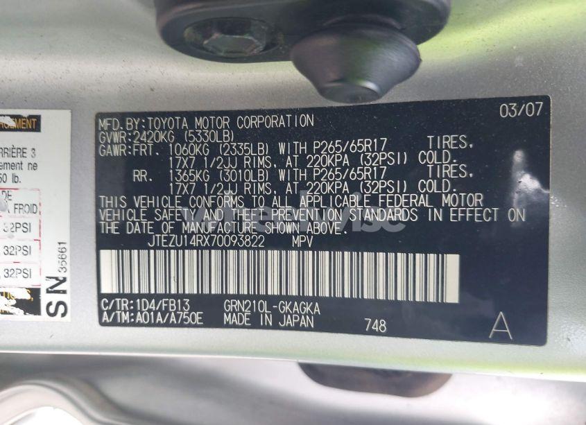 Photo 9 of 2007 Toyota 4runner SPORT V6 (VIN JTEZU14RX70093822)