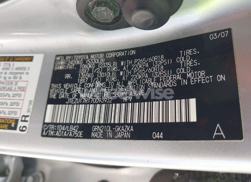 Photo 9 of 2007 Toyota 4runner LIMITED V6 (VIN JTEZU17R170093932)