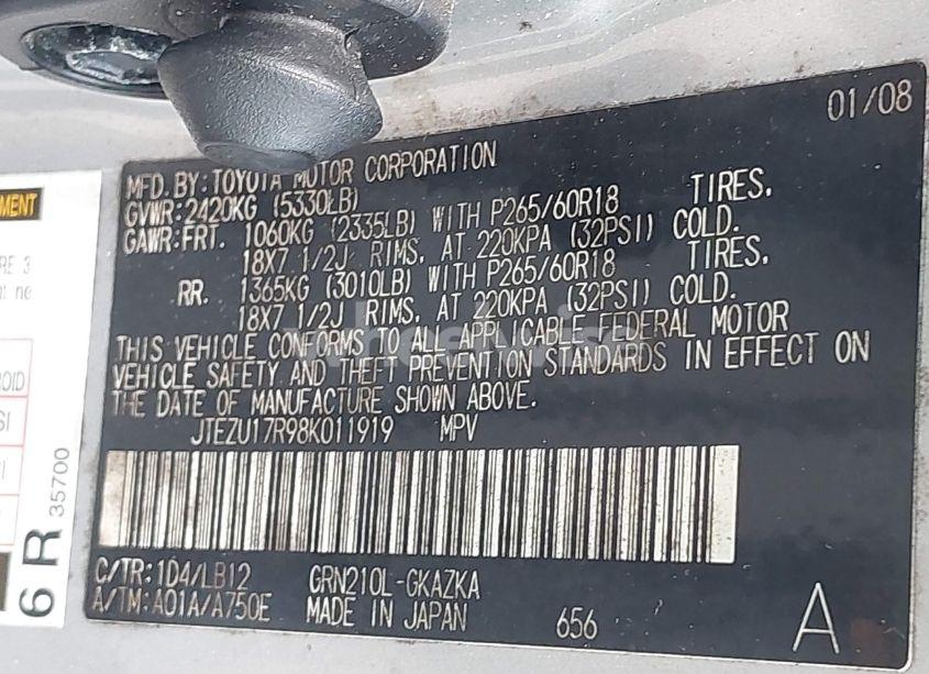 Photo 9 of 2008 Toyota 4runner LIMITED V6 (VIN JTEZU17R98K011919)