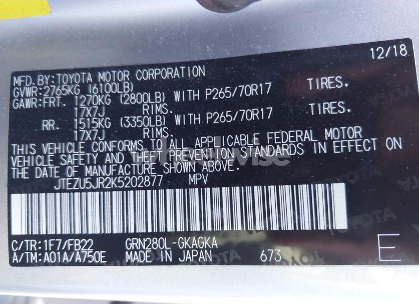 Photo 9 of 2019 Toyota 4runner SR5 (VIN JTEZU5JR2K5202877)