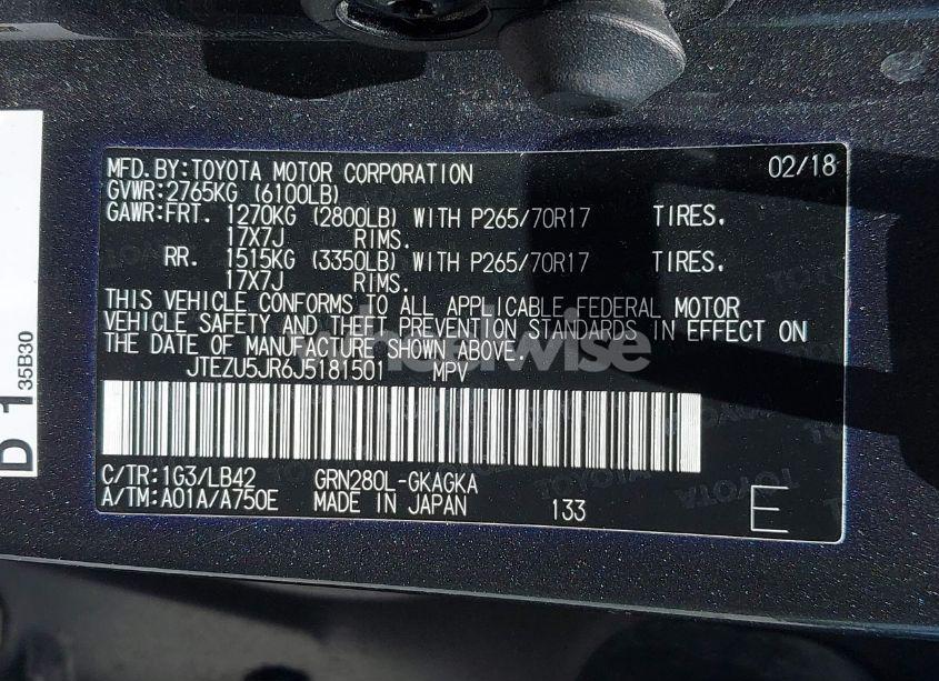 Photo 9 of 2018 Toyota 4runner SR5 PREMIUM (VIN JTEZU5JR6J5181501)