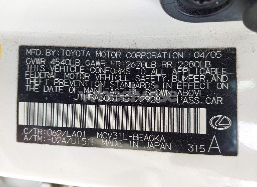 Photo 9 of 2005 Lexus Es 330 (VIN JTHBA30G155122928)