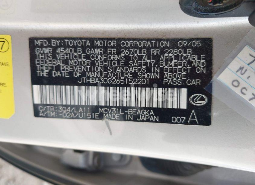 Photo 9 of 2006 Lexus Es 330 (VIN JTHBA30G265152201)